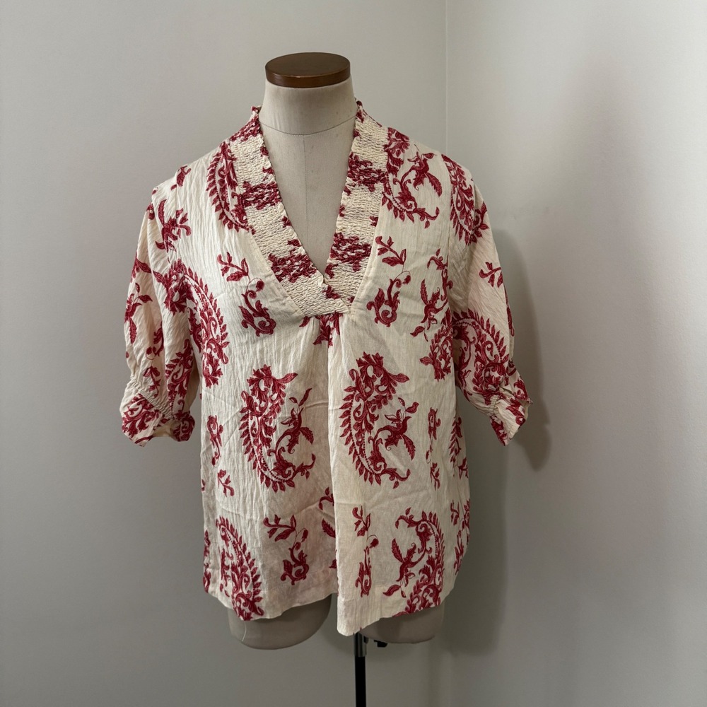 Umgee Small Paisley Short Puff Sleeve Blouse Top Pink Cream Preppy Beach